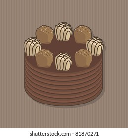 decorated chocolate cake on striped brown background