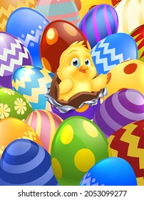 A decorated chocolate Easter eggs cartoon background with a cute chick breaking out of one