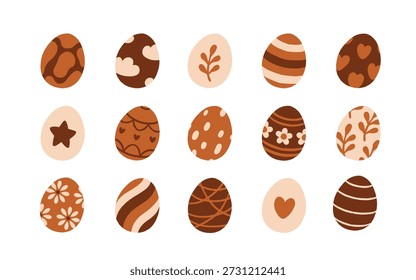 Decorated chocolate eggs collection. Easter egg hunt. Hand drawn flat cartoon vector illustration