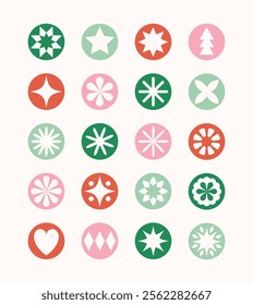 Decorated Christmas ball icon collection. Modern snowflakes and stars. Vector illustration