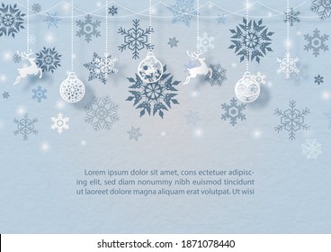Decorated Christmas ball and objects symbol of Christmas hang on silhouette snow flakes pattern with space for texts and blue background. Christmas greeting card and poster in vector design