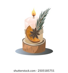 Decorated Christmas candle in flat style. Traditional Christmas design element for greetings, cards, fabric print, cover, calendar. Vector 