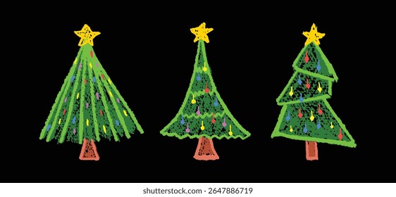 Decorated Christmas doodle trees set drawn like children. Vector illustration for school or kindergarten use. Pastel wax grange squiggle strokes on a black blackboard bg mimic charcoal spruce.