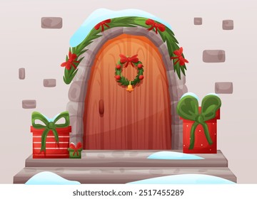 Decorated Christmas door with holiday wreath ang gift. Vector illustration