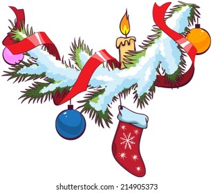 Decorated christmas fir branch under snow. Illustration in vector format