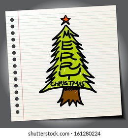 Decorated Christmas fir tree. hand drawing on memo leaf