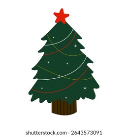 Decorated Christmas fir tree in a pot with a star on top, adorned with garland and ornaments. Natural evergreen tree symbolizing festive holiday celebration and New Yea. Isolated on white background.