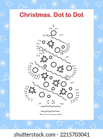 Decorados puntos de árbol de abetos de Navidad a punto juego educativo o hoja de cálculo de ocio, ilustración del vector del doodle de contorno, actividad estacional de vacaciones de invierno, diversión de celebración de Año Nuevo para los niños, aprendizaje de números