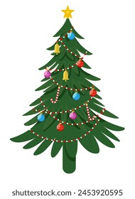 Decorated Christmas fur tree vector illustration isolated on white