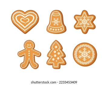 Decorated christmas gingerbread cookies icon set vector. Delicious christmas cookies and gingerbread icon set vector isolated on a white background