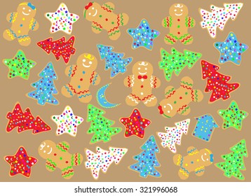 Decorated Christmas gingerbread cookies on brown background.