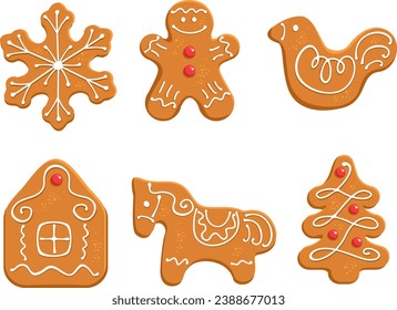 Decorated Christmas Gingerbread Cookies. Set of traditional winter sweet spicy biscuits isolated on white background. Flat vector illustration.