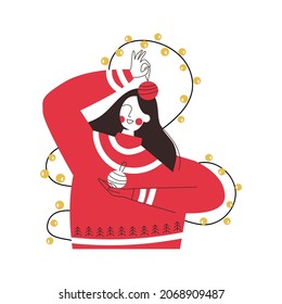 Decorated Christmas girl with garland and baubles. Xmas winter female character in red sweater. Woman celebrating Christmas or New Year. Vector flat cartoon illustration for greeting card, poster