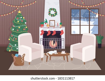 Decorated christmas house inside flat color vector illustration. Hygge atmospere. Calm evening. Xmas tree with lights. Winter 2D cartoon interior with snowy forest hills on background