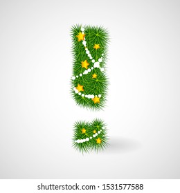 Decorated Christmas and New Year tree exclamation mark. Vector decorative font with fir-tree, stars and garlands. Retro vintage style typeface letter set.