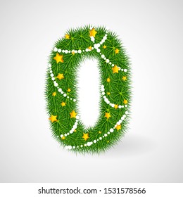 Decorated Christmas and New Year tree numbers. Vector decorative font with fir-tree, stars and garlands. Retro vintage style typeface letter set.