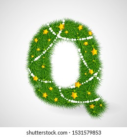 Decorated Christmas and New Year tree abc. Vector decorative font with fir-tree, stars and garlands. Retro vintage style typeface letter set.