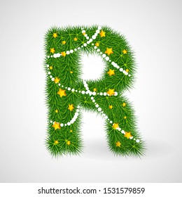 Decorated Christmas and New Year tree abc. Vector decorative font with fir-tree, stars and garlands. Retro vintage style typeface letter set.