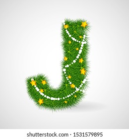 Decorated Christmas and New Year tree abc. Vector decorative font with fir-tree, stars and garlands. Retro vintage style typeface letter set.