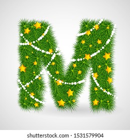 Decorated Christmas and New Year tree abc. Vector decorative font with fir-tree, stars and garlands. Retro vintage style typeface letter set.