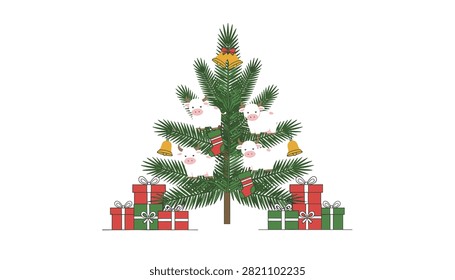 Decorated Christmas pine tree featuring cute white cow ornaments, wrapped gift boxes, and bells for a whimsical holiday celebration.