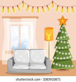 Decorated for Christmas room with garlands and spruce.