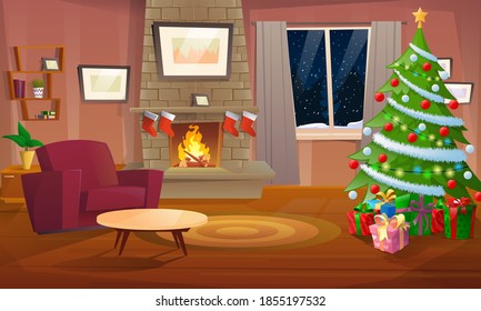 Decorated Christmas room. Winter holiday interior with armchair near fireplace and Christmas tree. Fireplace and garlands, holidays, home, interior. Cozy house with a chimney fire. Vector illustration