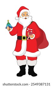 Decorated Christmas Santa with a gift bag illustration on white background.