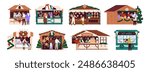 Decorated Christmas stalls set. Chalets with food, drinks, coffee on Xmas market, fair. Funfair shooting gallery. New Year festival shops. Winter holiday. Flat isolated vector illustrations on white