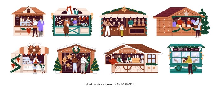 Decorated Christmas stalls set. Chalets with food, drinks, coffee on Xmas market, fair. Funfair shooting gallery. New Year festival shops. Winter holiday. Flat isolated vector illustrations on white