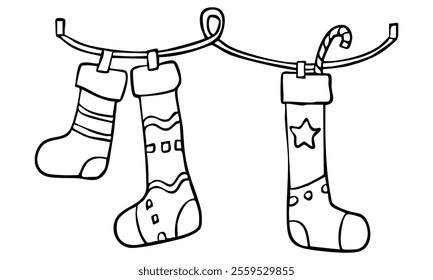 Decorated Christmas stockings on a ribbon hand drawn outline vector illustration. Isolated on white background