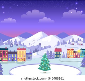 Decorated Christmas town in evening with icerink and adorned xmas tree in centre and many colourful buildings. Vector cartoon illustration of holiday card with snowy mountains on background.