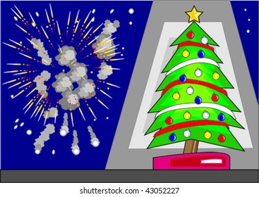 Decorated Christmas tree against a building background and fireworks in the night sky