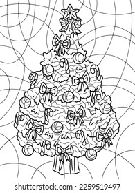 Decorated Christmas tree. Antistress for children and adults. Illustration on white background. Zen-tangle style.