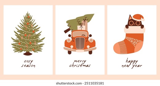 Decorated Christmas tree with balls and garland. Vintage red car is delivering a Christmas tree. Santa cat peeking out from christmas sock. Collection of greeting New Year cards. Flat Design.