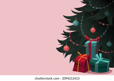 Decorated christmas tree with balls and garlands. Happy New Year and merry christmas card with pink background and gift boxes. Cartoon style.