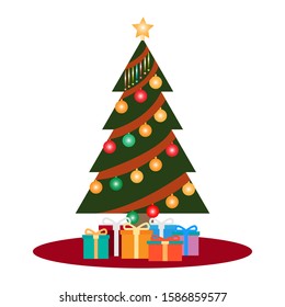 Decorated Christmas tree with balls, star, light and gift boxes vector.