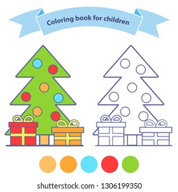 Decorated christmas tree balls.Merry Christmas coloring book for children. Outlined doodle.Flat vector.Gift boxes.Isolated on a white background. 