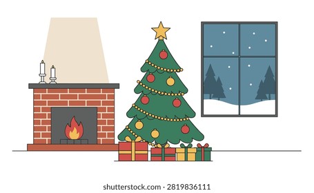 Decorated Christmas tree beside a brick fireplace with candles and a view of snowy trees through a window.