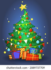 decorated christmas tree and boxes with gifts below, color vector illustration for xmas and new year