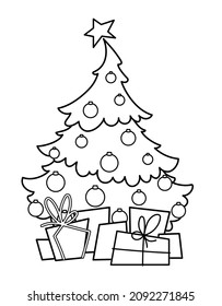 decorated christmas tree and boxes with gifts below, coloring page for kids, vector illustration for xmas and new year