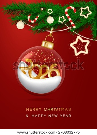 A decorated Christmas tree branch features a Christmas ball with gold 3D numbers 2026 and snow inside.
Merry Christmas and a Happy New Year 2026!