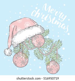 Decorated Christmas tree branch. Vector illustration. New Year's and Christmas. Christmas tree, balls and beads.