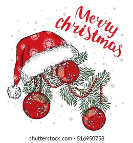 Decorated Christmas tree branch. Vector illustration. New Year's and Christmas. Christmas tree, balls and beads.