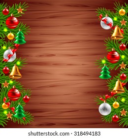 Decorated Christmas tree branches on wood background realistic vector