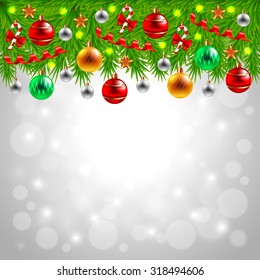 Decorated Christmas tree branches on top of snowy background realistic vector