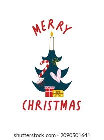 Decorated christmas tree with candy, candle, heart, snowflakes, gifts and lettering. Design for banner, packing paper, postcard, poster, web. New Years and xmas traditional symbol. Hand drawn style.