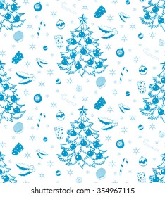 Decorated Christmas tree, candy, holly, gift, snowflake, star. Vector hand-drawn Seamless Pattern