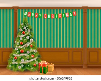 Decorated Christmas tree in classic room with wooden finishings paneling and pilasters. Interior living room or library in the classical style. Garland with Merry Christmas and colorful gift boxes.