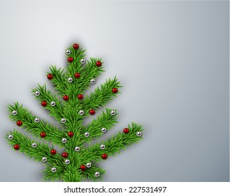 Decorated Christmas tree with color balls background. Vector illustration. 